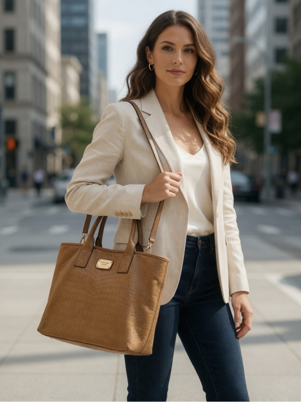 Vintage Michael Kors Crocodile Embossed Cognac Leather Tote Bag